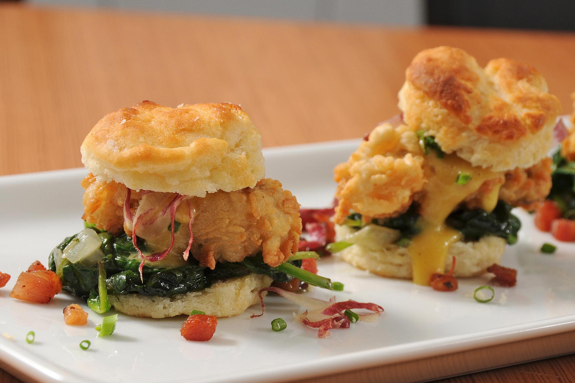 Bliss signature dishes Oyster Sliders
Maple Glazed Kurabuta Pork Belly
George's Bank Sea Scallops